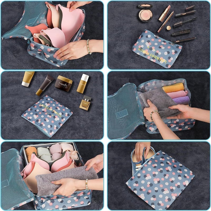TOCINGO 7 pc / 6 pc Travel Oraganizer Packing cubes kit, Sapace Saver Multi use Bag for Men and Women, Clothes packing cubes for travel, Cupboard Oraganizer cubes (6 POUCH-BLUE FLOWER) - Image 3