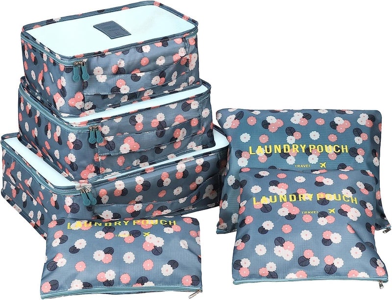 TOCINGO 7 pc / 6 pc Travel Oraganizer Packing cubes kit, Sapace Saver Multi use Bag for Men and Women, Clothes packing cubes for travel, Cupboard Oraganizer cubes (6 POUCH-BLUE FLOWER) - Image 1