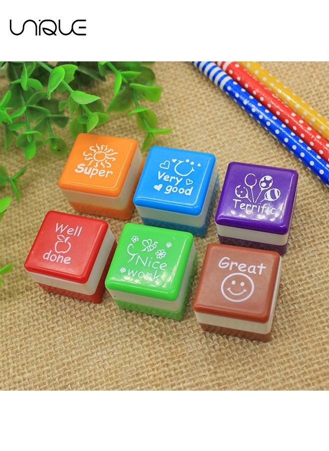 6 Pieces Square Teacher's Stamp, 6 Patterns of self Inking Stamp, Teaching Stamps for Grading Papers/assignments/Marks,Classroom use Stamp Teacher's Day Gift