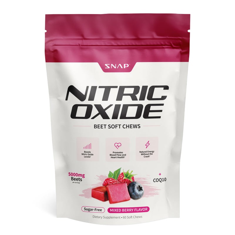 SNAP SUPPLEMENTS Nitric Oxide Beet Chews, Nitric Oxide Booster, Natural Energy, Organic Beetroot Powder and COQ10, Support Healthy Blood Flow and Blood Circulation, Sugar-Free, 60 Soft Chews - Image 1