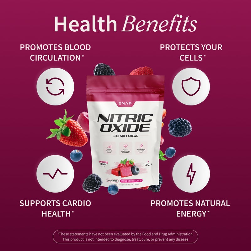 SNAP SUPPLEMENTS Nitric Oxide Beet Chews, Nitric Oxide Booster, Natural Energy, Organic Beetroot Powder and COQ10, Support Healthy Blood Flow and Blood Circulation, Sugar-Free, 60 Soft Chews - Image 4