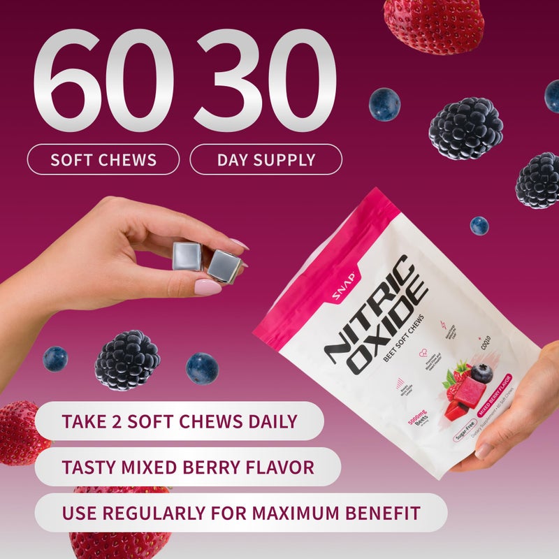 SNAP SUPPLEMENTS Nitric Oxide Beet Chews, Nitric Oxide Booster, Natural Energy, Organic Beetroot Powder and COQ10, Support Healthy Blood Flow and Blood Circulation, Sugar-Free, 60 Soft Chews - Image 5