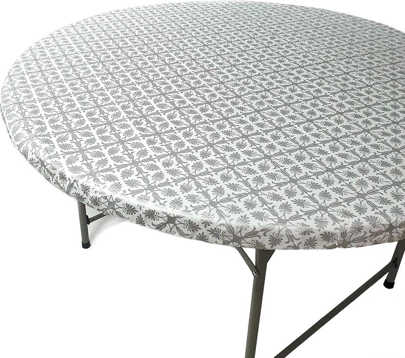TopTableCloth Fits Tables up to 31" to 36" Inch Round Tablecloth Elastic Silver Pattern Small TableCover Outdoor Plastic Elasticated Christmas Dining Wedding Tablecloths Vinyl Flannel Backed Bar Party - Image 1