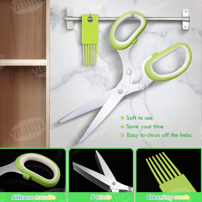 VIBIRIT VlBlRlIT2025 Upgraded Herb Scissor,Leaf Stripper,Stainless Steel 5Blade Kitchen Scissors,Peelers for Kitchen,forChopping Chive,Vegetables,Salad,collard Greens,Parsley,Rosemary As Christmas gifts Green - Image 3
