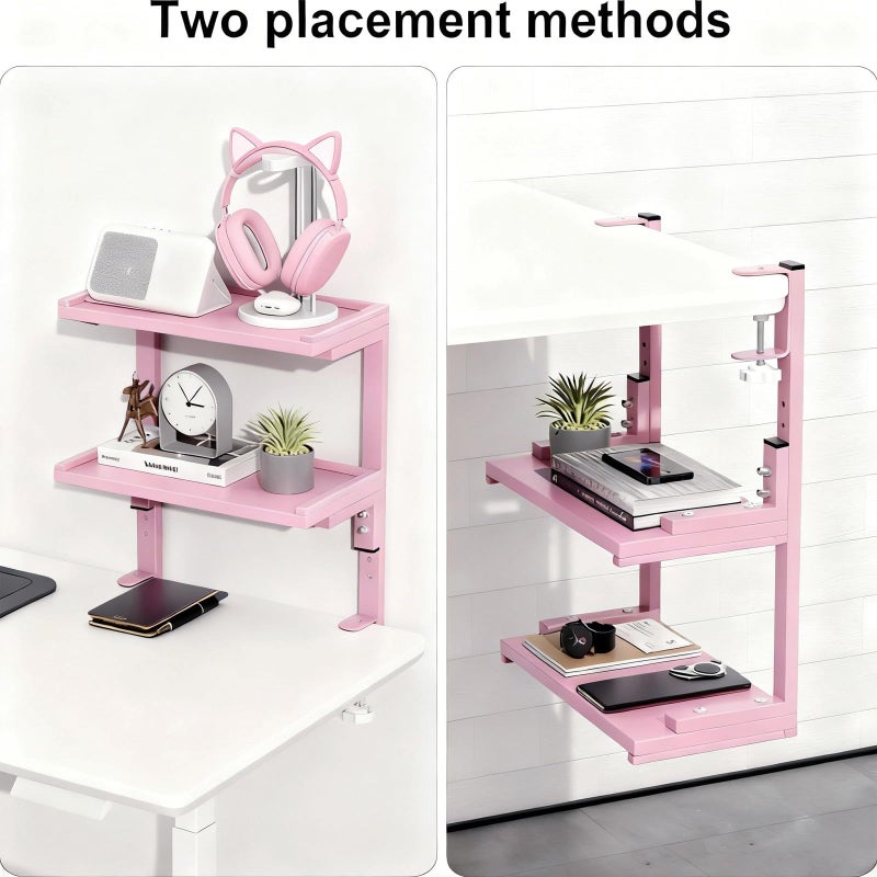 OUTIOE 2-Tier Desk Shelf, Expandable Under Desk Storage, Clamp on Desk Shelf, Desktop Accessories for Offices, Study Rooms, and Game Rooms (Pink) - Image 3