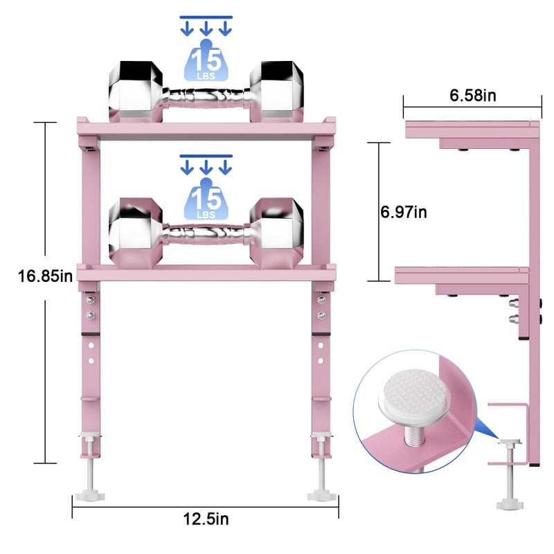 OUTIOE 2-Tier Desk Shelf, Expandable Under Desk Storage, Clamp on Desk Shelf, Desktop Accessories for Offices, Study Rooms, and Game Rooms (Pink) - Image 4