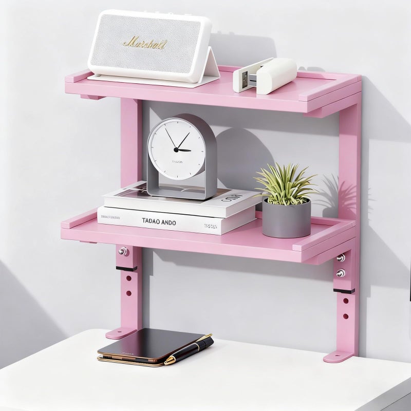OUTIOE 2-Tier Desk Shelf, Expandable Under Desk Storage, Clamp on Desk Shelf, Desktop Accessories for Offices, Study Rooms, and Game Rooms (Pink) - Image 1