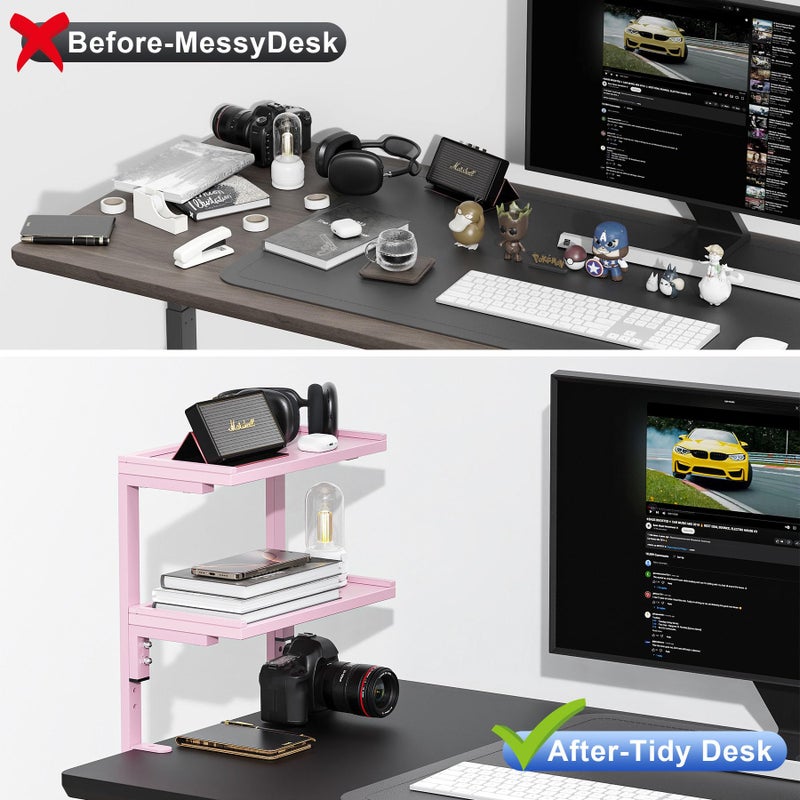 OUTIOE 2-Tier Desk Shelf, Expandable Under Desk Storage, Clamp on Desk Shelf, Desktop Accessories for Offices, Study Rooms, and Game Rooms (Pink) - Image 2