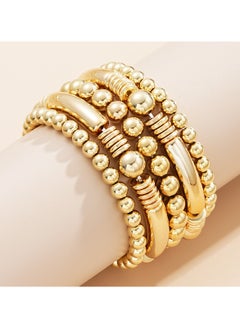 Huitich Gold Colour Beaded Stretch Bracelet Set 5-Piece Stackable Design  - Image 4