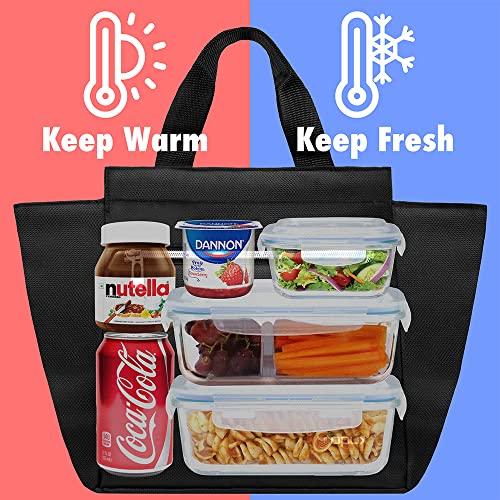 opux Lunch Bag for Women, Insulated Lunch Box Tote for Girls Kids Adult School Work, Reusable Womens Lunch Tote for Office Travel, Cute Small Lunch Tote, Fits 12 Cans - Black - Image 2