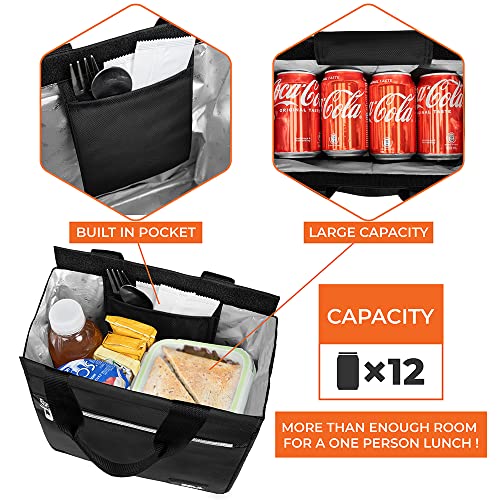 opux Lunch Bag for Women, Insulated Lunch Box Tote for Girls Kids Adult School Work, Reusable Womens Lunch Tote for Office Travel, Cute Small Lunch Tote, Fits 12 Cans - Black - Image 3