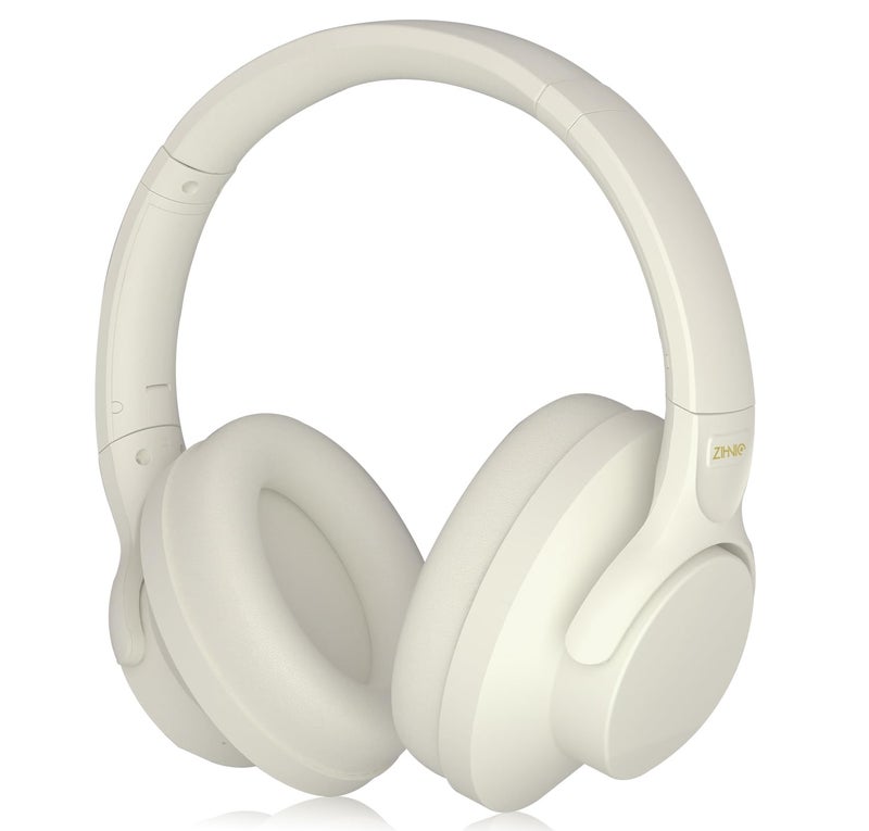 ZIHNIC Active Noise Cancelling Headphones, 60H Playtime Wireless Bluetooth Headset Low Latency-Milky White - Image 1