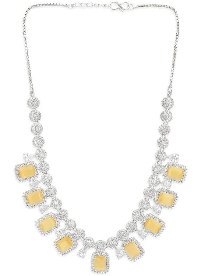 فويلا CZ Silver Plated Pearl Brass Necklace Set with Yellow Stone