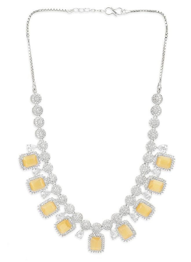 VOYLLA CZ Silver Plated Pearl Brass Necklace Set with Yellow Stone  - Image 3