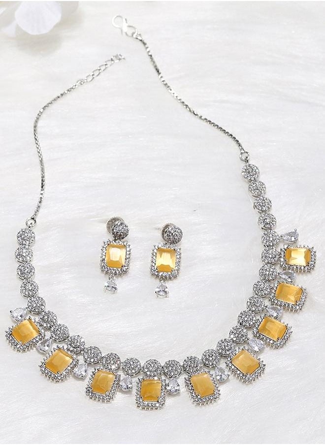 VOYLLA CZ Silver Plated Pearl Brass Necklace Set with Yellow Stone  - Image 1