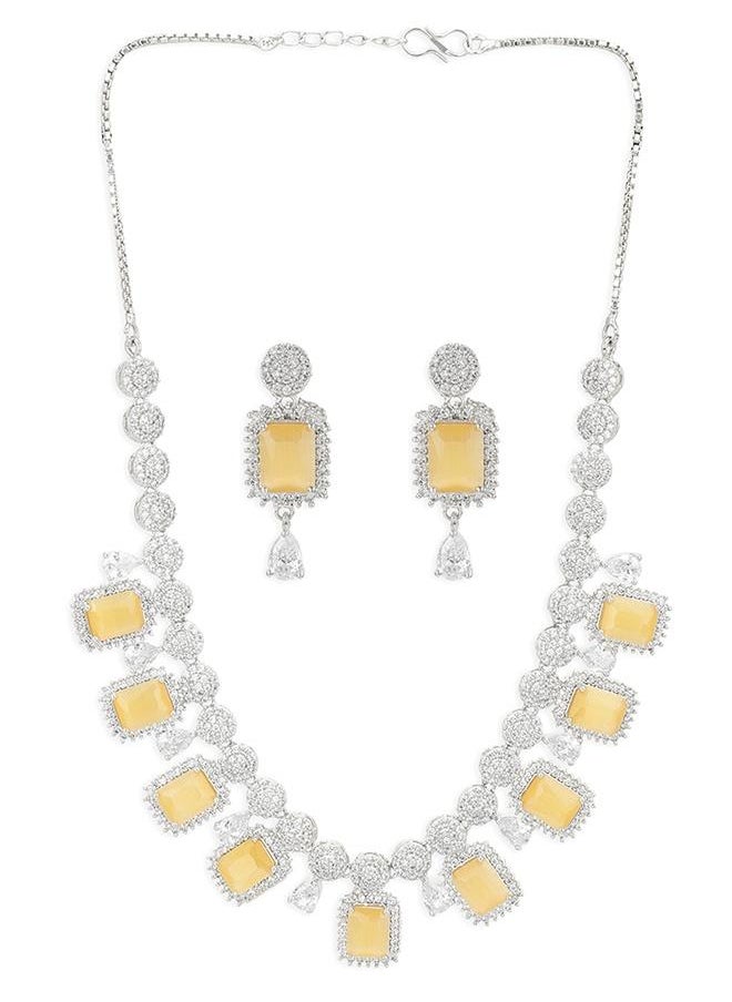 VOYLLA CZ Silver Plated Pearl Brass Necklace Set with Yellow Stone  - Image 2