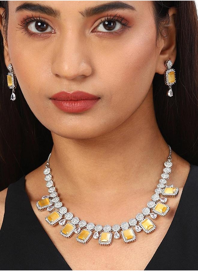 VOYLLA CZ Silver Plated Pearl Brass Necklace Set with Yellow Stone  - Image 5