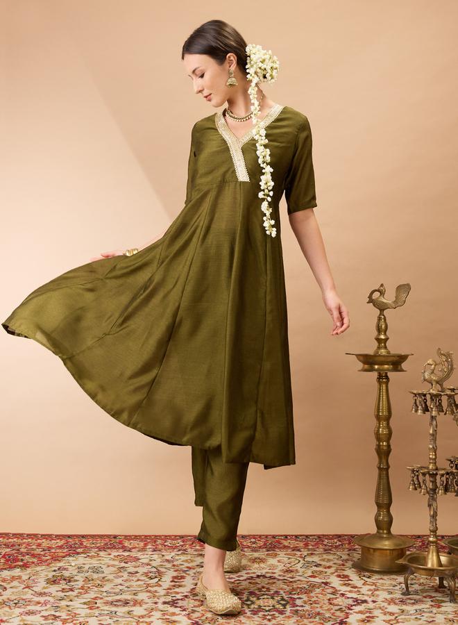 globus V Neck Lace Detail Anarkali Kurta and Straight Pant Festive Set - Image 1