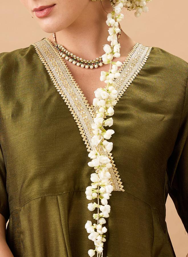globus V Neck Lace Detail Anarkali Kurta and Straight Pant Festive Set - Image 4