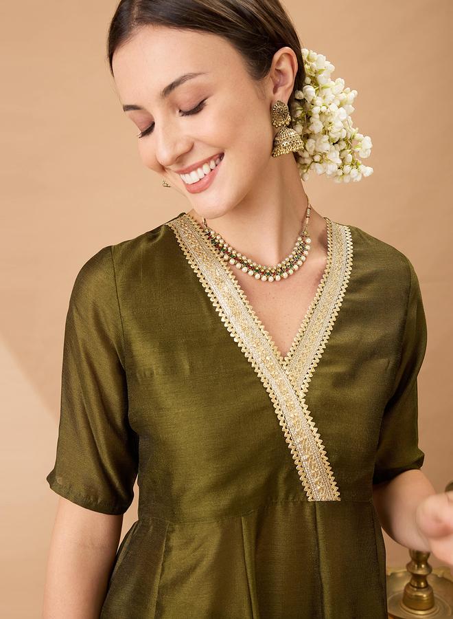 globus V Neck Lace Detail Anarkali Kurta and Straight Pant Festive Set - Image 5