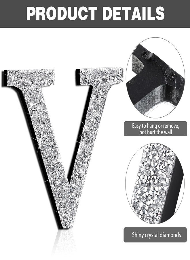 Qunclay Silver Crystal Diamond Bling Letters Crushed Diamond Decoration Wooden Glitter Letter with Screw and Hooks Rhinestone Gift for Wedding Y2k Mcbling Bedroom Wall Decor(Letter V,5.7"l X 5.7"w) - Image 3