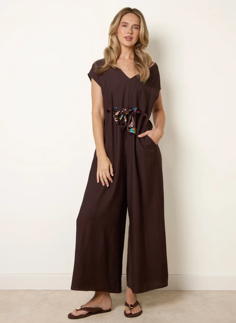 Belted Tie Drawstring Scarf Jumpsuit