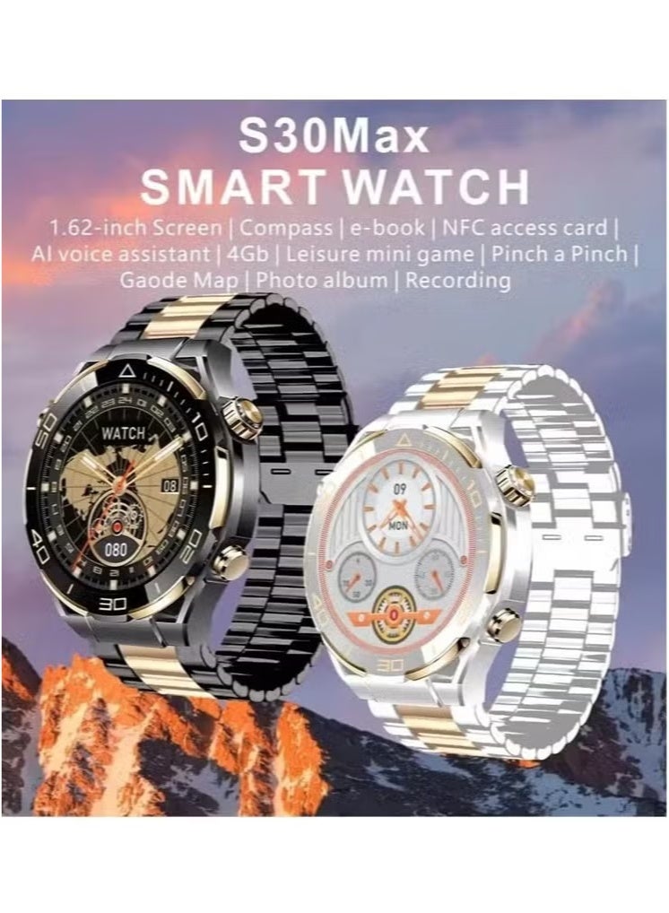 هينو تيكو ساعة S30 Max الذكية للرجال | شاشة 1.62 بوصة، ذاكرة ROM سعة 4 جيجابايت، شحن لاسلكي، NFC، مكالمات بلوتوث، بوصلة، مذكرة صوتية، موسيقى محلية وألبوم صور | جهاز تتبع اللياقة البدنية والصحة | مثالي لأنماط الحياة النشطة - Image 3