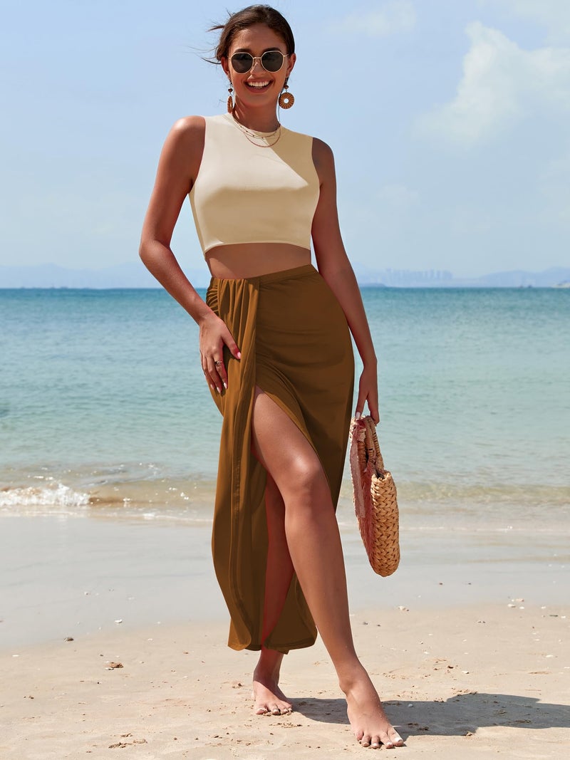 ZAFUL Women's Summer Two Piece Outfits Crop Tops and Slit Draped Ruched Maxi Skirt Set Tank Dress Sets Beach Cover Ups (B-Beige & Coffee, M) - Image 2