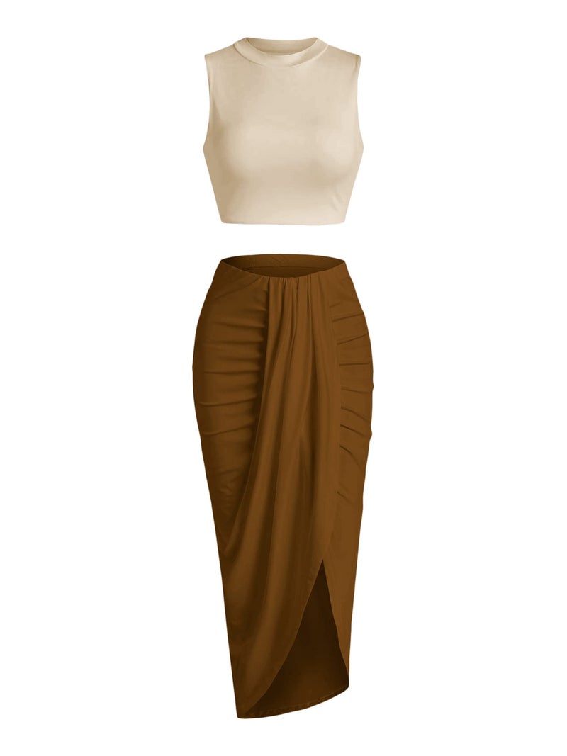 ZAFUL Women's Summer Two Piece Outfits Crop Tops and Slit Draped Ruched Maxi Skirt Set Tank Dress Sets Beach Cover Ups (B-Beige & Coffee, M) - Image 1
