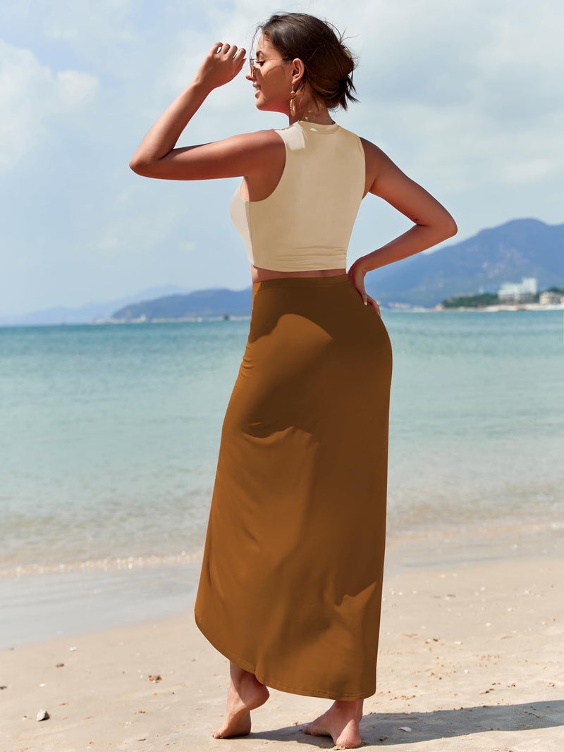 ZAFUL Women's Summer Two Piece Outfits Crop Tops and Slit Draped Ruched Maxi Skirt Set Tank Dress Sets Beach Cover Ups (B-Beige & Coffee, M) - Image 3