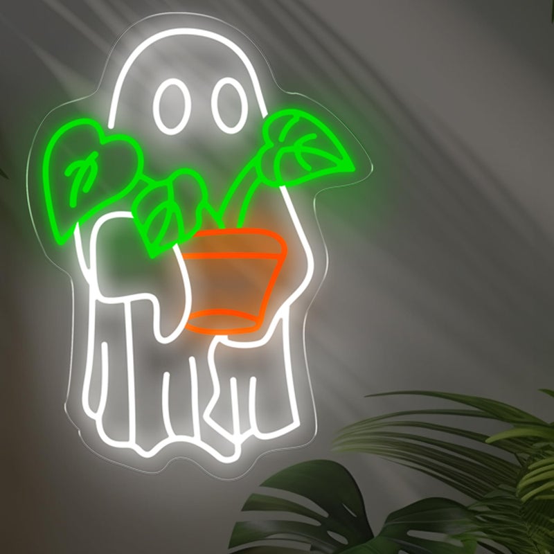 DUOLIYBC Ghost Holding Plant Neon Sign â€“ LED Wall Light Featuring a Cute Spirit with Green Potted Plant, USB Powered Light for Bedroom, Plant Corner, or Halloween Decor 16.5â€³ Ã— 12.2â€³ - Image 5