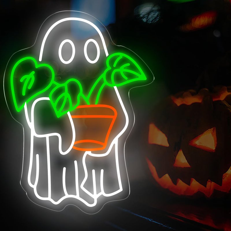 DUOLIYBC Ghost Holding Plant Neon Sign â€“ LED Wall Light Featuring a Cute Spirit with Green Potted Plant, USB Powered Light for Bedroom, Plant Corner, or Halloween Decor 16.5â€³ Ã— 12.2â€³ - Image 3