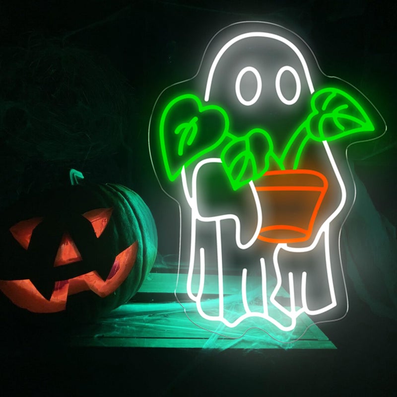 DUOLIYBC Ghost Holding Plant Neon Sign â€“ LED Wall Light Featuring a Cute Spirit with Green Potted Plant, USB Powered Light for Bedroom, Plant Corner, or Halloween Decor 16.5â€³ Ã— 12.2â€³ - Image 1