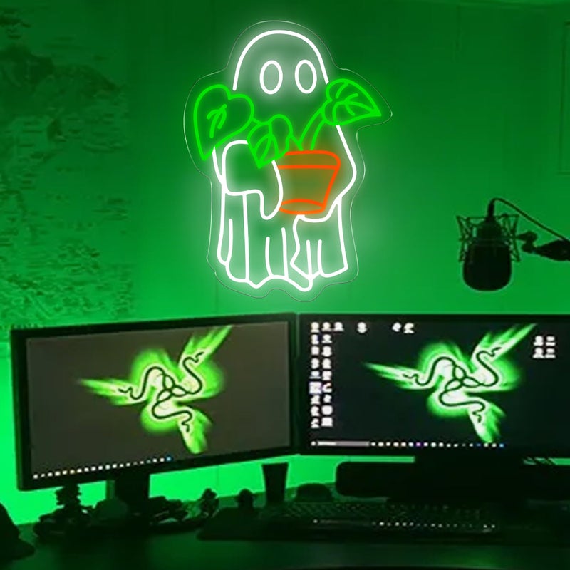 DUOLIYBC Ghost Holding Plant Neon Sign â€“ LED Wall Light Featuring a Cute Spirit with Green Potted Plant, USB Powered Light for Bedroom, Plant Corner, or Halloween Decor 16.5â€³ Ã— 12.2â€³ - Image 2