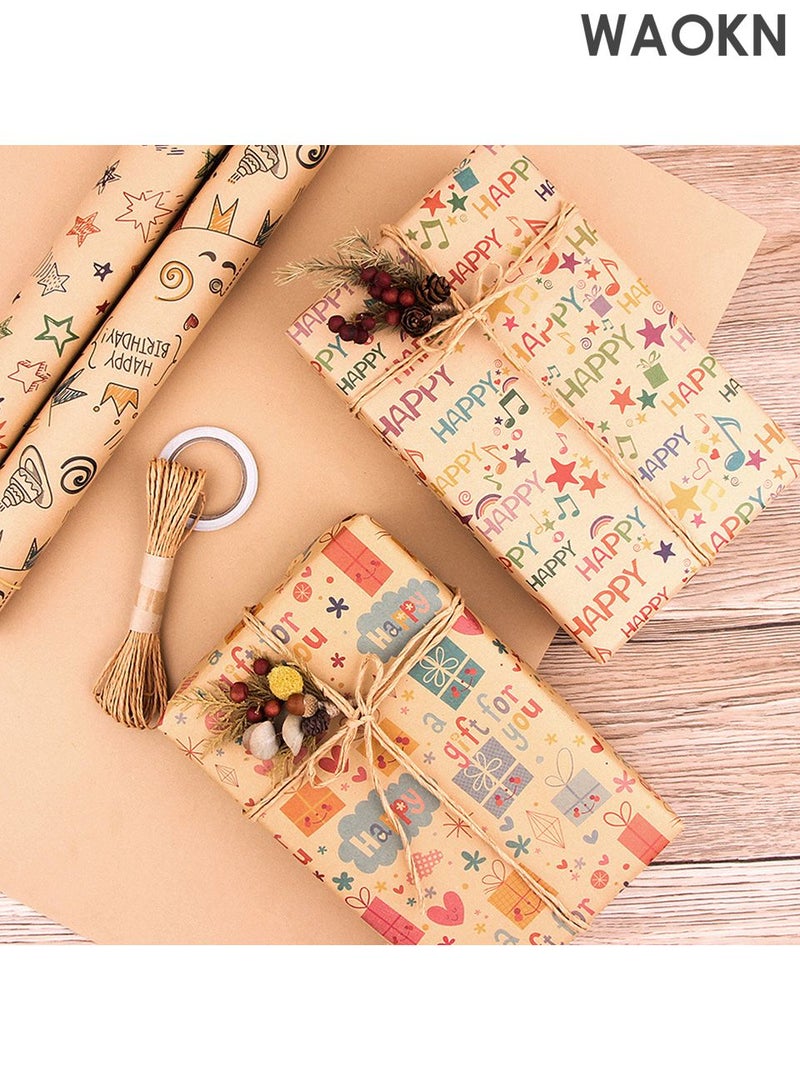 WAOKN 6-Piece Gift Wrapping Paper Roll with Matching Gift Tags and Decorative Rope, Kraft Brown Gift Wrapping Paper for Birthday, Holiday, Wedding, Party, Kids Gift Wrapping DIY Decorations (70cmX50cm) - Image 4