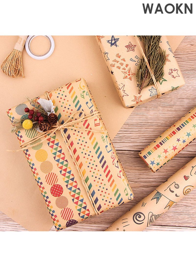WAOKN 6-Piece Gift Wrapping Paper Roll with Matching Gift Tags and Decorative Rope, Kraft Brown Gift Wrapping Paper for Birthday, Holiday, Wedding, Party, Kids Gift Wrapping DIY Decorations (70cmX50cm) - Image 1