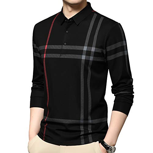 Womleys Mens Casual Striped Slim Fit Long Sleeve Collared T Shirt Polo Shirts (Black, Large) - Image 2