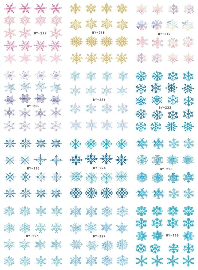 12pcs Snowflake Water Transfer Nail Stickers - Winter Blue Snowflake Nail Art Stickers Christmas Colour Snowflake Designs Nail Decals 3D Self-Adhesive Nail Art Accessories for Women Nail Decor