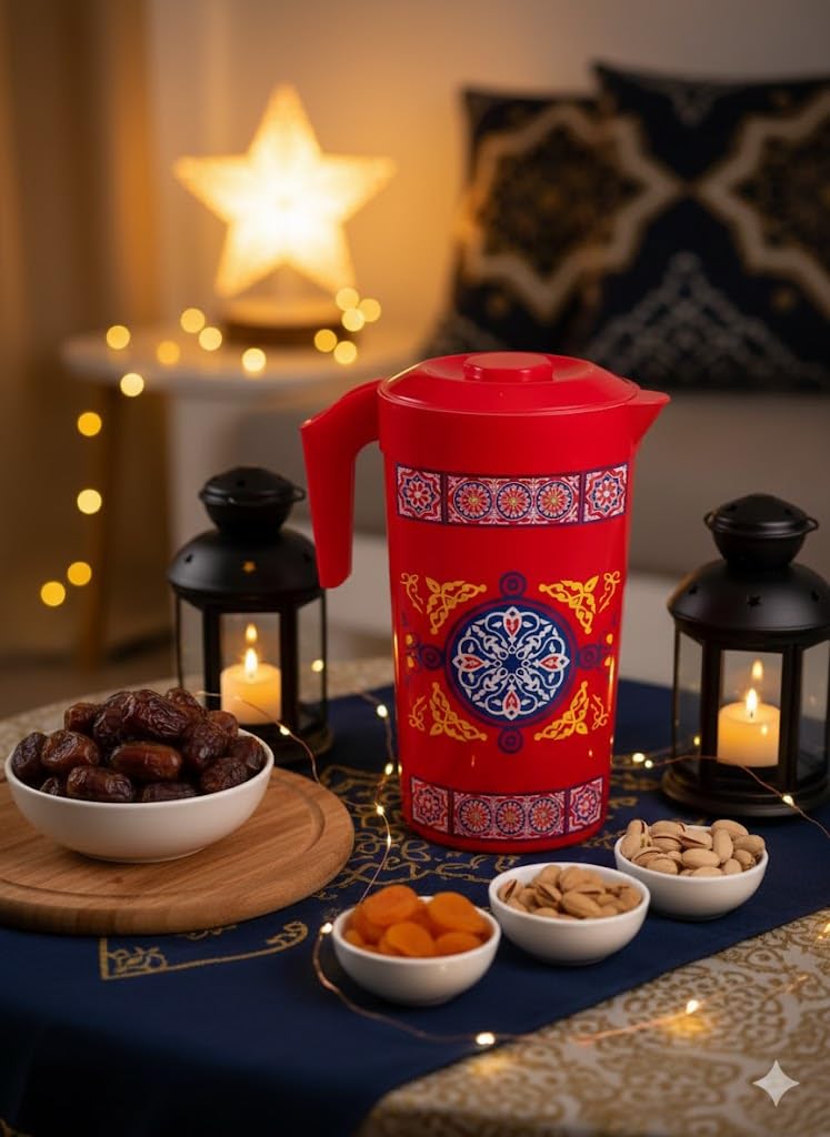 Ramadan Red Plastic Serving Jug, Tight Lid, Traditional Elegant Design, 1800ml, 19x13x23cm, Dishwasher Safe - Image 2