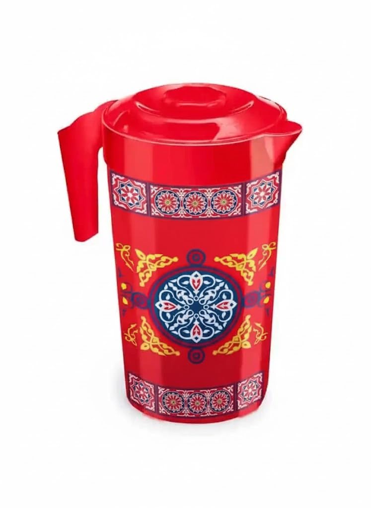 Ramadan Red Plastic Serving Jug, Tight Lid, Traditional Elegant Design, 1800ml, 19x13x23cm, Dishwasher Safe - Image 1