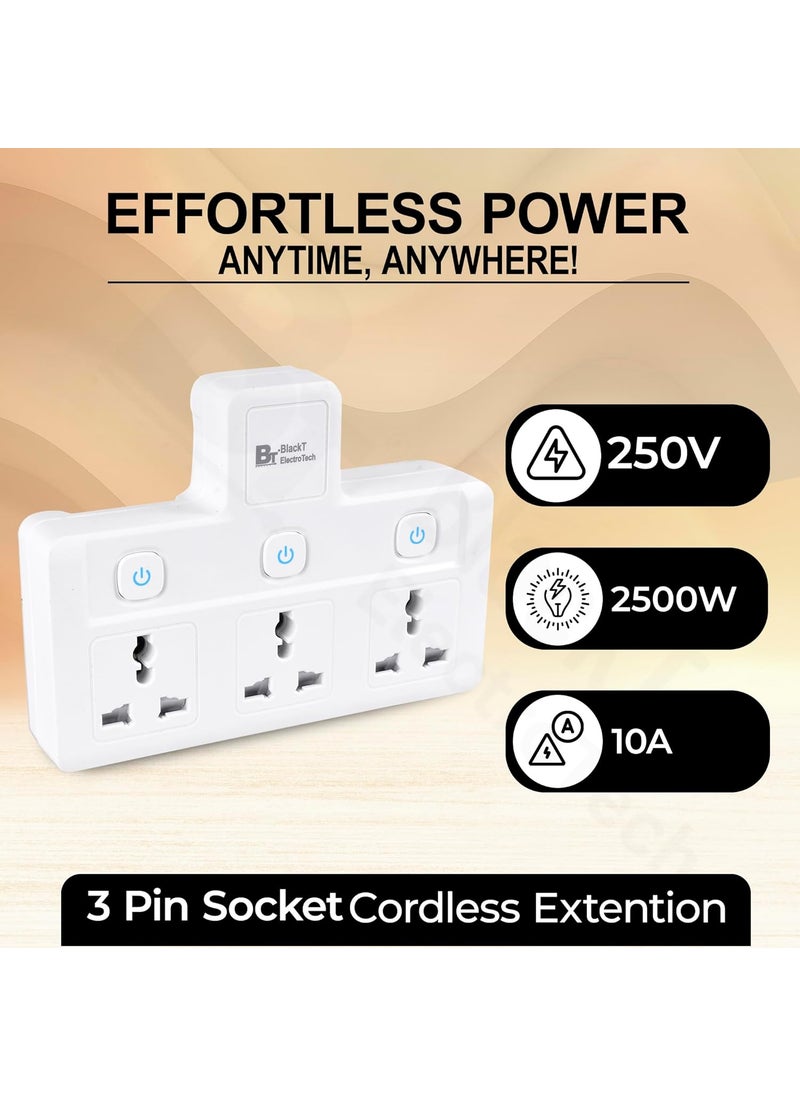 BlackT ElectroTech Blackt Electrotech BTPS2 Multi Plug Socket Extension with Shelf 2500W 10A Wall Adapter for Home Office Kitchen Cordless Power Extension with LED Indicator 3 Socket Multi Plug  - Image 5