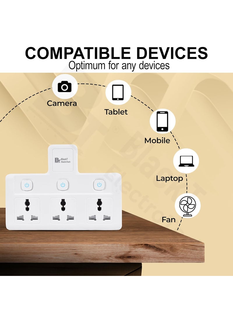 BlackT ElectroTech Blackt Electrotech BTPS2 Multi Plug Socket Extension with Shelf 2500W 10A Wall Adapter for Home Office Kitchen Cordless Power Extension with LED Indicator 3 Socket Multi Plug  - Image 4