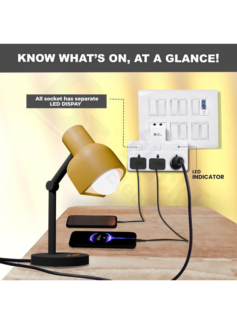 BlackT ElectroTech Blackt Electrotech BTPS2 Multi Plug Socket Extension with Shelf 2500W 10A Wall Adapter for Home Office Kitchen Cordless Power Extension with LED Indicator 3 Socket Multi Plug  - Image 3