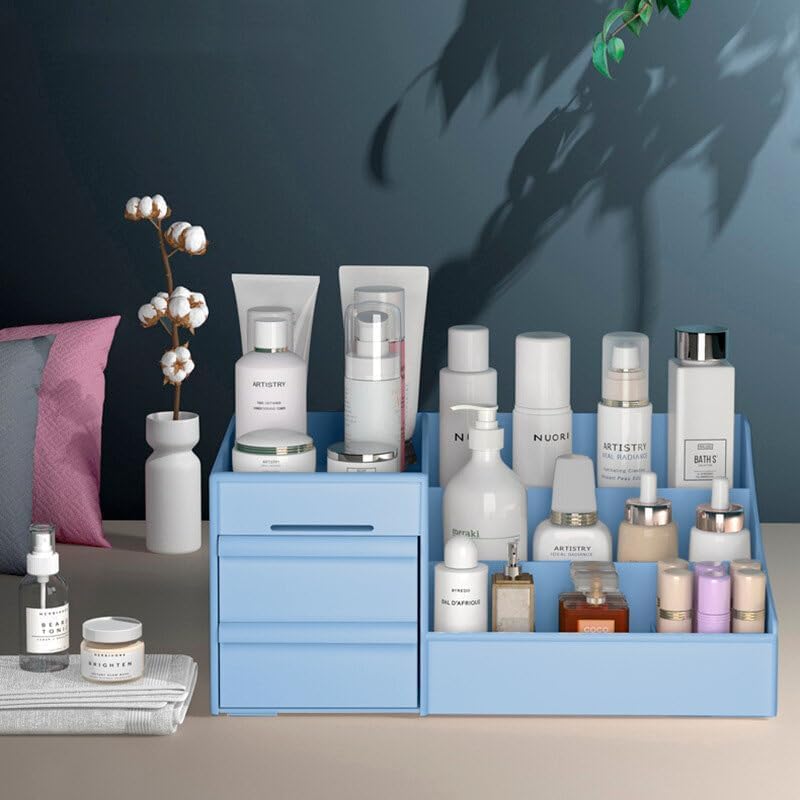 KRYLAR Makeup Desk Cosmetic Storage Box Organizer with Drawers for Dressing Table,Bathroom Counter, Elegant Vanity Holder for Brushes, Eyeshadow, Lotions, Lipstick and Nail Polish (Blue) - Image 2