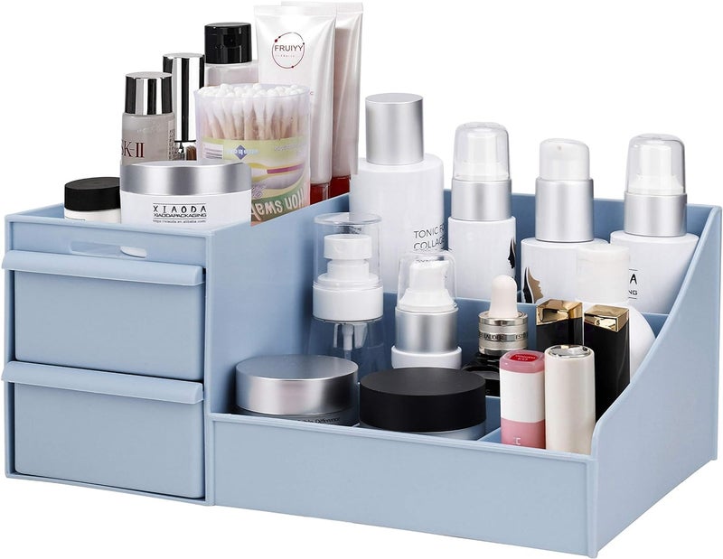 KRYLAR Makeup Desk Cosmetic Storage Box Organizer with Drawers for Dressing Table,Bathroom Counter, Elegant Vanity Holder for Brushes, Eyeshadow, Lotions, Lipstick and Nail Polish (Blue) - Image 1