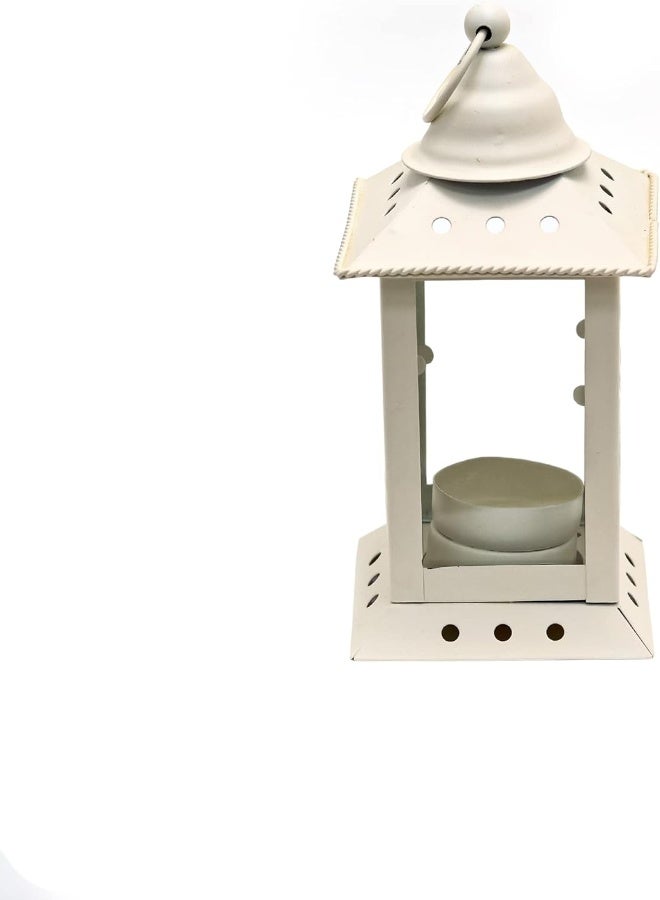 AKDC Retro Iron Candle Lanterns 6.7 Inch, Portable Moroccan Metal Stained Glass Showpiece Decorative Lantern Candles Holder Hanging Lamp Lantern For Indoor Outdoor Living Room Home Décor, Small (White) - Image 1