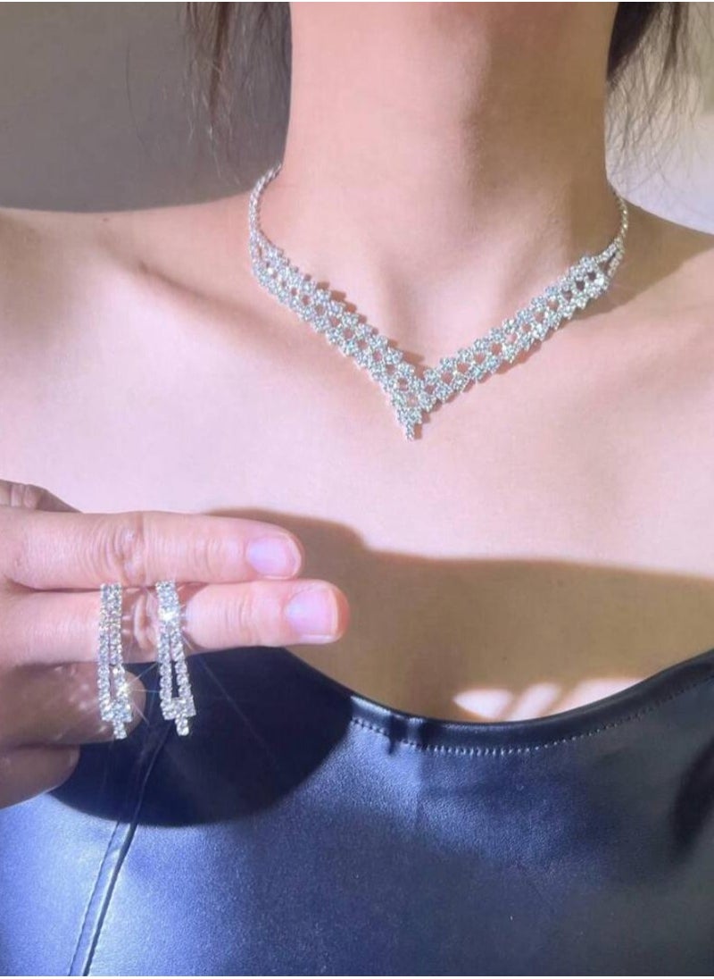 Generic Sparkling Full Rhinestone & Cubic Zirconia Water Drop Shape Necklace & Earrings Bridal Wedding Jewelry Set  - Image 1
