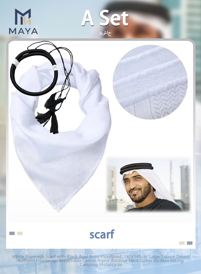 Maya White Shemagh Scarf with Black Agal Rope Headband, 140x140cm Large Square Desert Keffiyeh Headwrap, Breathable Cotton Blend Outdoor Neck Gaiter for Men Hiking Camping Motorcycle - Image 1