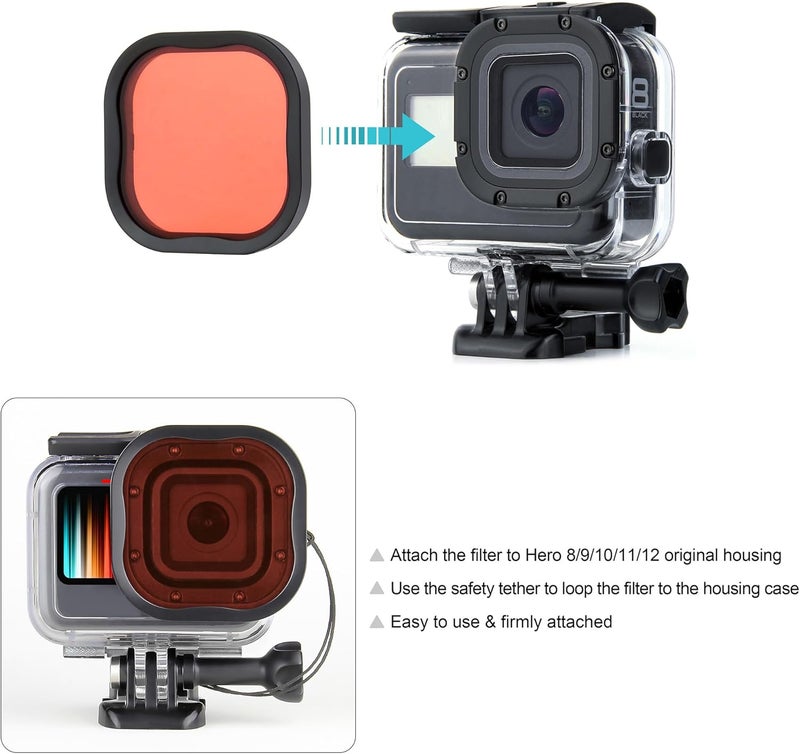 سون سان مجموعة مرشحات الغوص المكونة من 4 قطع لـ GoPro Hero 13 12 11 10 9 8 Black للغلاف الرسمي المقاوم للماء - أحمر، أحمر فاتح، أرجواني، مرشحات ماكرو للتصوير عن قرب 5x لتصحيح الألوان للتصوير الفوتوغرافي والفيديو تحت الماء - Image 4