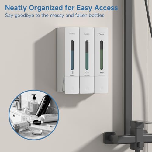 Pobamle Shampoo and Conditioner Dispenser - Shower Soap Dispenser Wall Mounted No Drill - Shampoo Conditioner Body Wash Dispenser 3 Chamber - Easy Install for Bathroom Hotel White 1200ml - Image 2